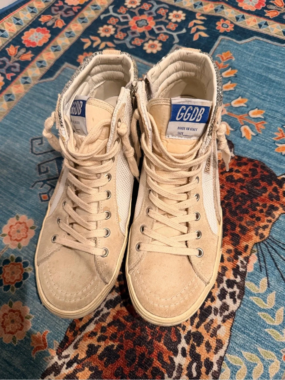Golden Goose Beige and White High-Top Sneakers